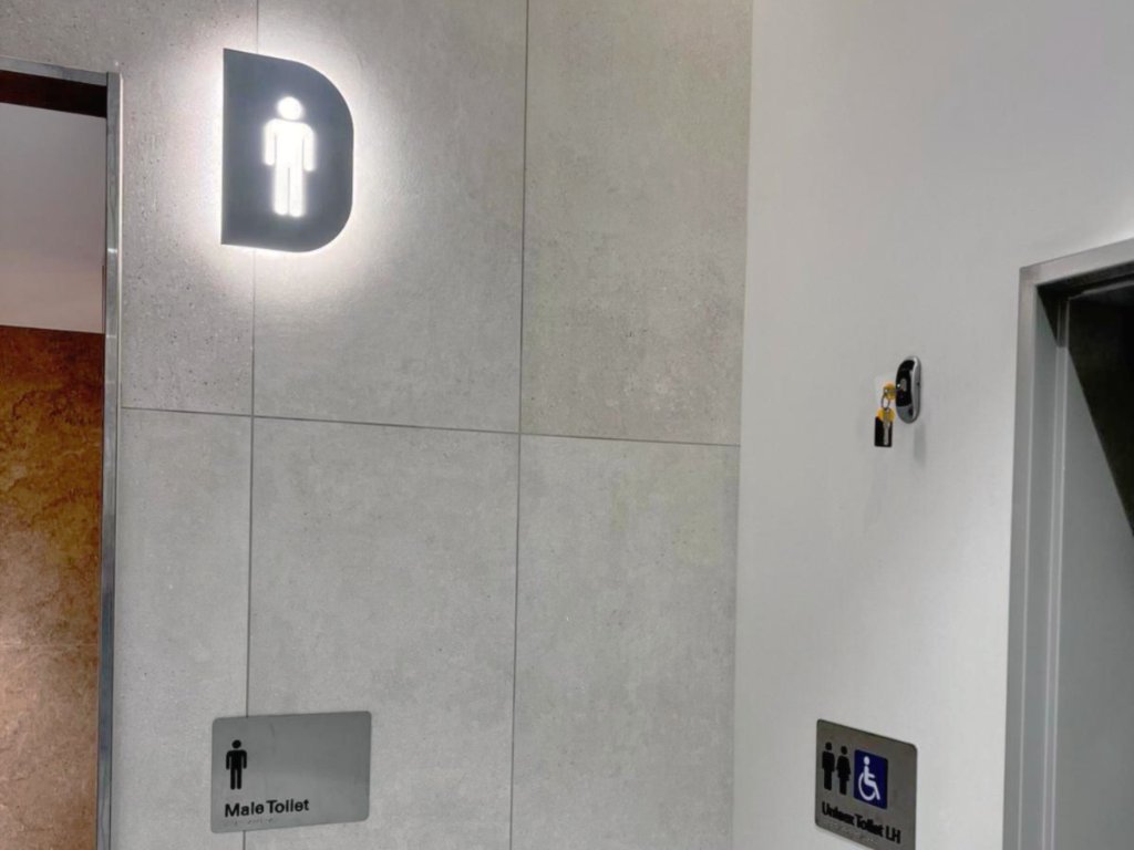 Westfield Bondi — L1 Amenities Blade Signage — photo 2: Illuminated Blade Signage, Braille & Tactile Signage, Wayfinding, Parents Room Wall Graphics
