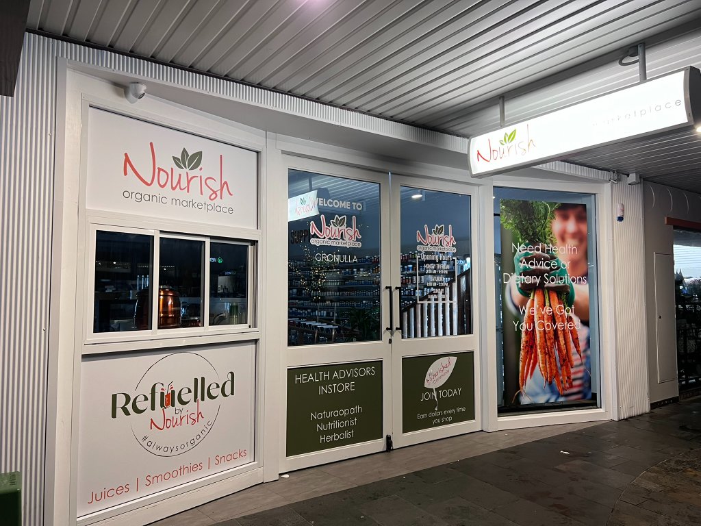 Nourish Organic Marketplace — Healthcare and Beauty signage in Cronulla