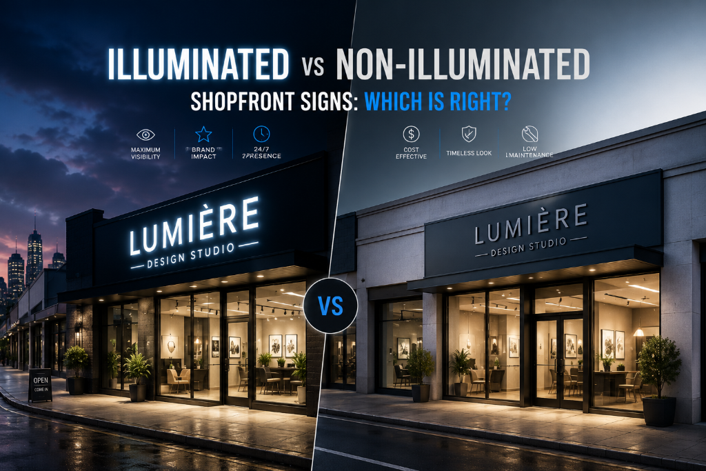 Illuminated vs non-illuminated shopfront signs comparison by Signvox