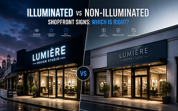 Illuminated vs non-illuminated shopfront signs comparison by Signvox