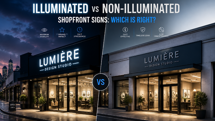 Illuminated vs non-illuminated shopfront signs comparison by Signvox