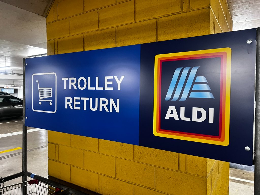 ALDI Trolley Return Signage — photo 6: Trolley Return Signage, ACP Panel Printing, Carpark Wayfinding, Retail Installation
