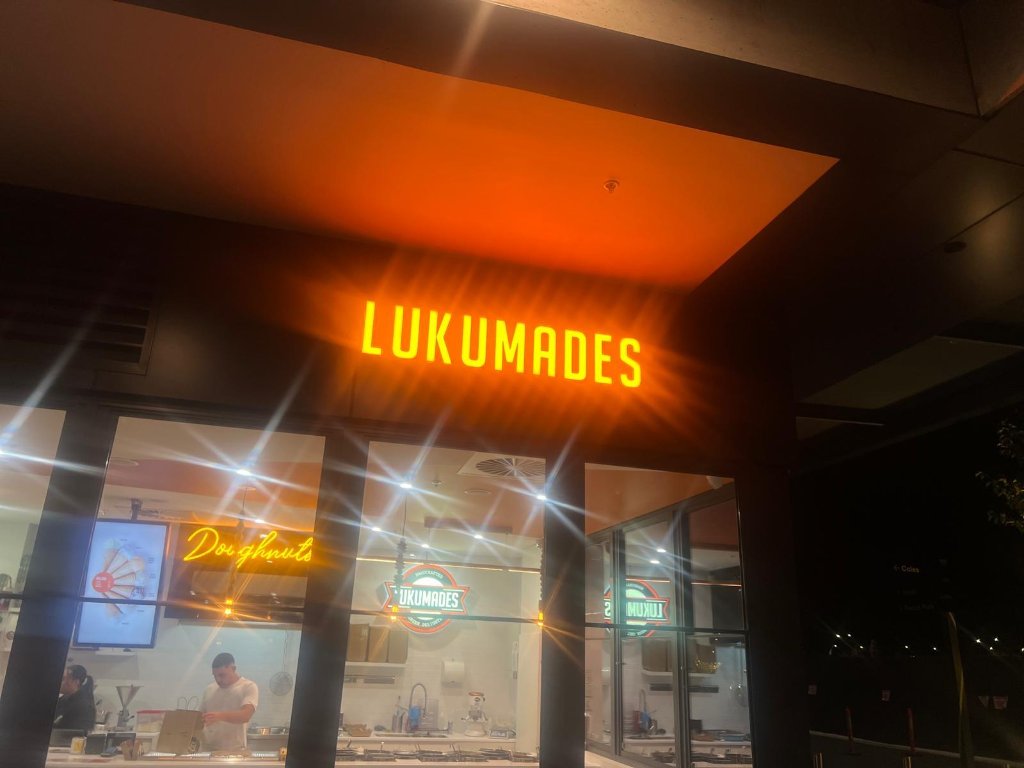 Lukumades — Oran Park — photo 2: Illuminated Shopfront, Channel Letters, Suspended Ceiling Sign, Neon