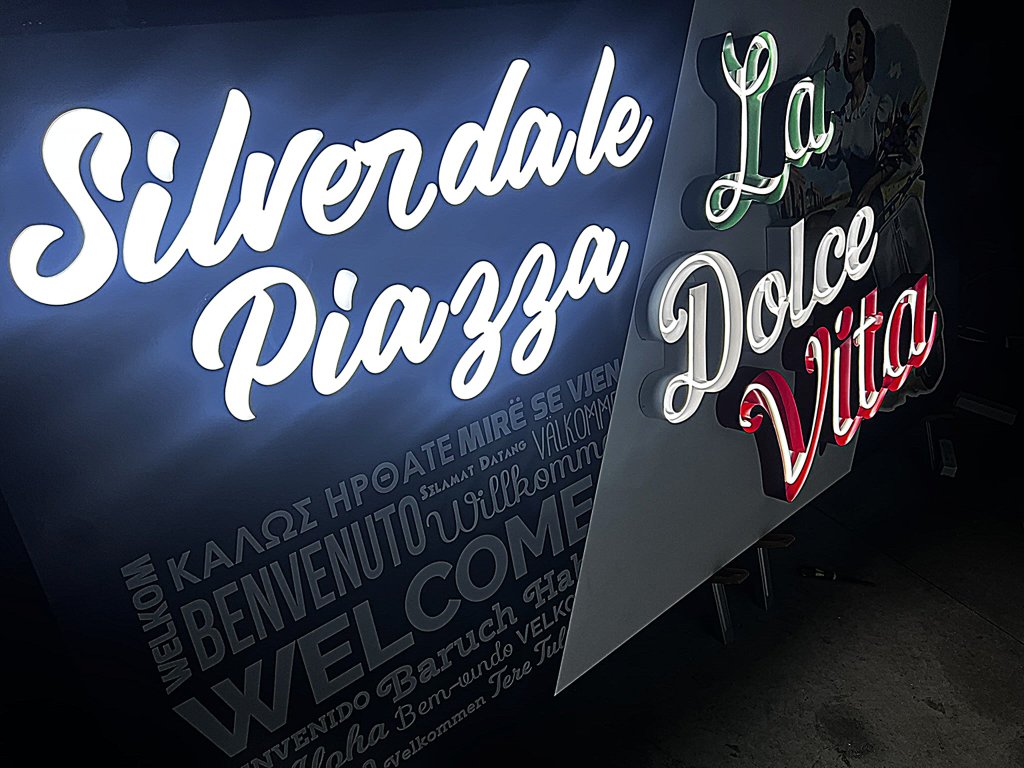 Silverdale Piazza — La Dolce Vita — photo 5: Custom 3D Illuminated Signage, Large Format Print, Shopping Centre Feature Sign