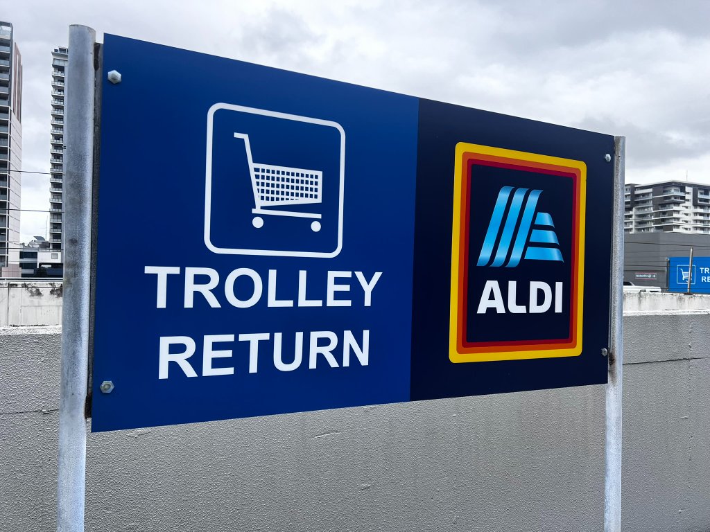 ALDI Trolley Return Signage — photo 4: Trolley Return Signage, ACP Panel Printing, Carpark Wayfinding, Retail Installation