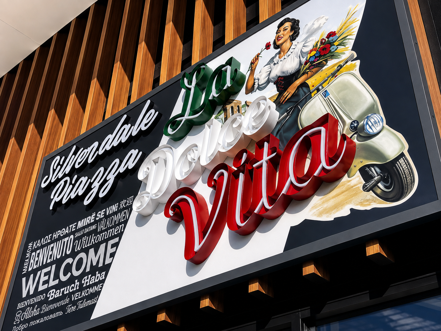 Silverdale Piazza La Dolce Vita — custom 3D dimensional shopfront signage by Signvox