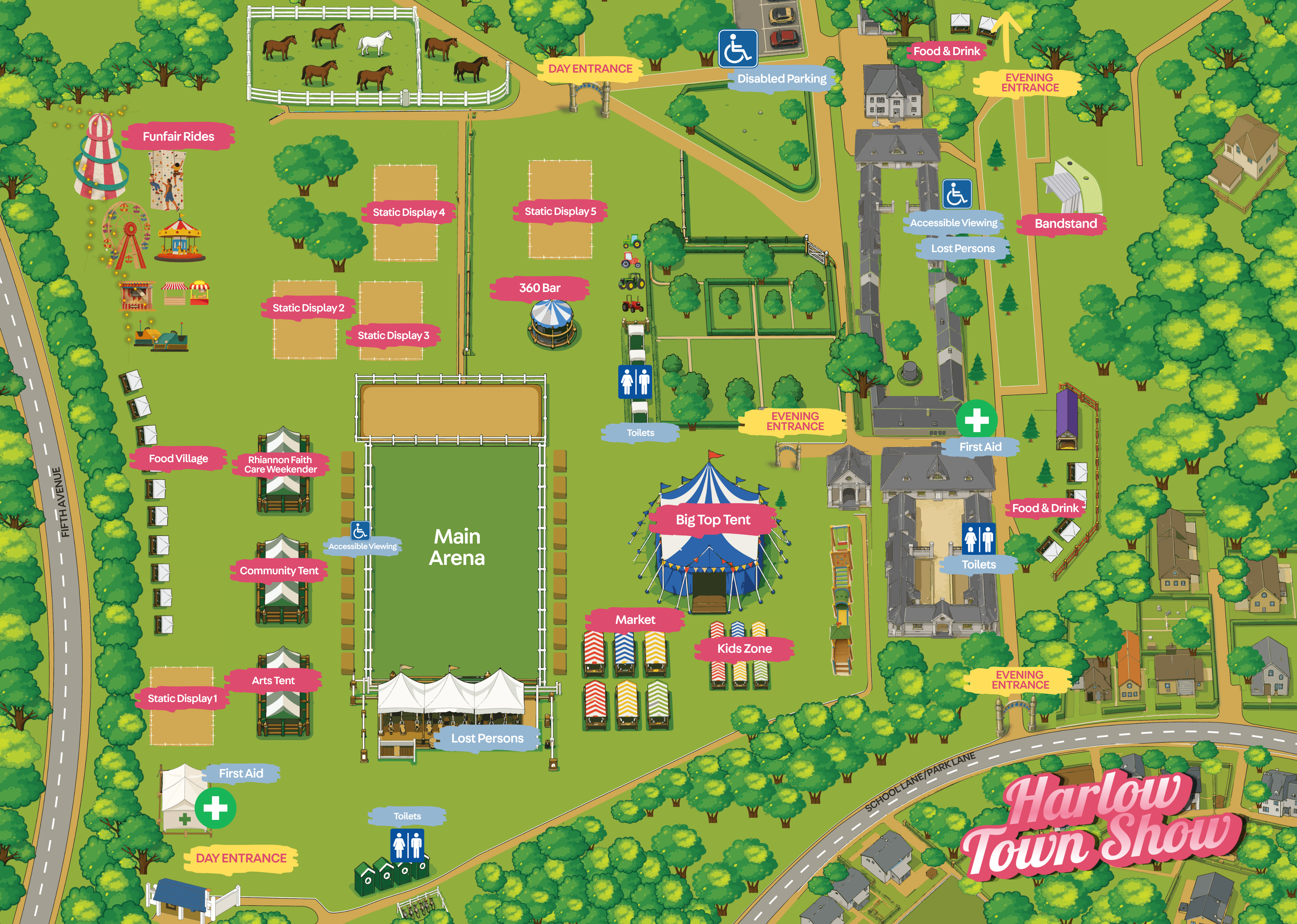 Illustrated map of the Harlow Town Show grounds showing attractions, food areas, amenities and entrances