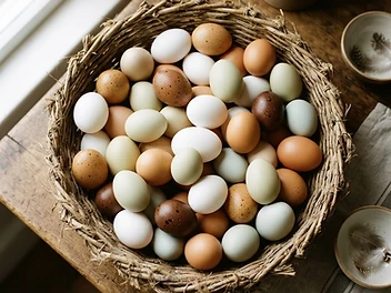 A rainbow of farm eggs — white, green, gold, and dark brown