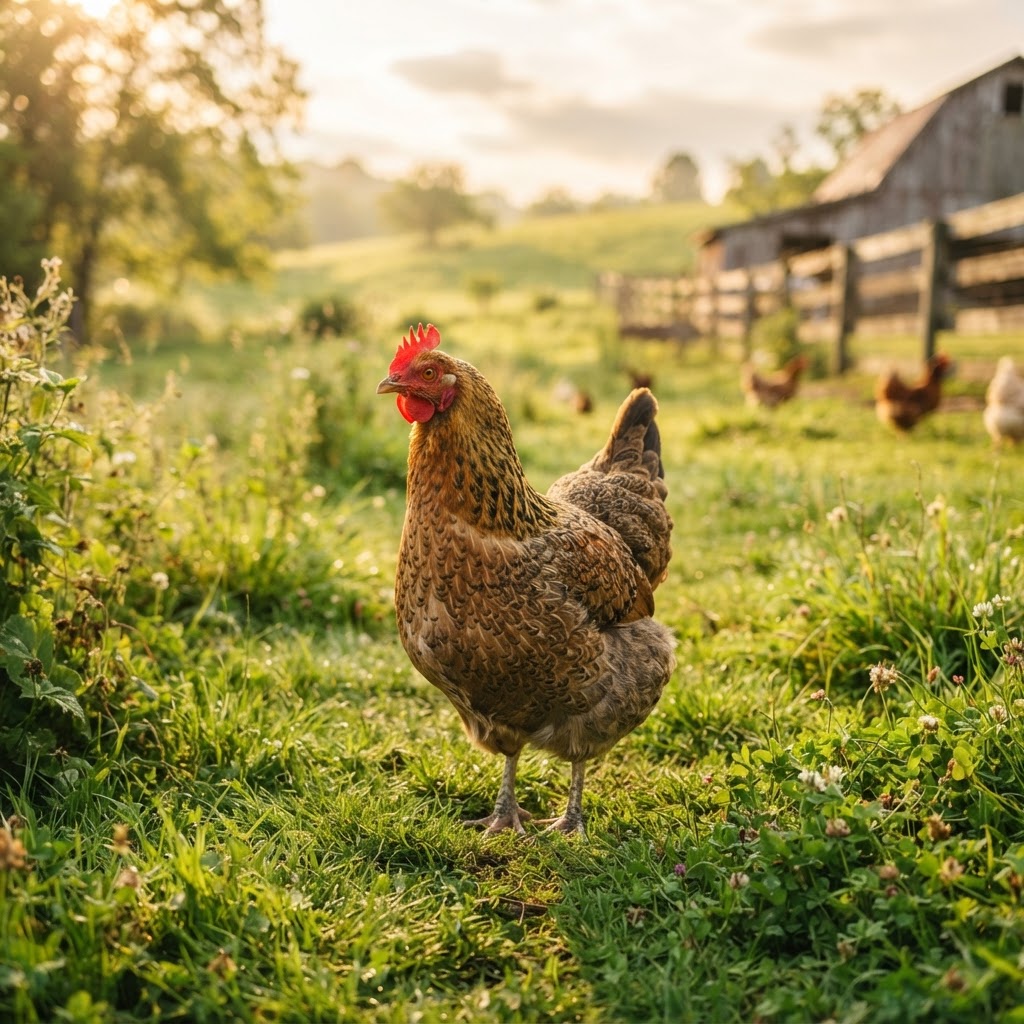 A hen in a sunny pasture