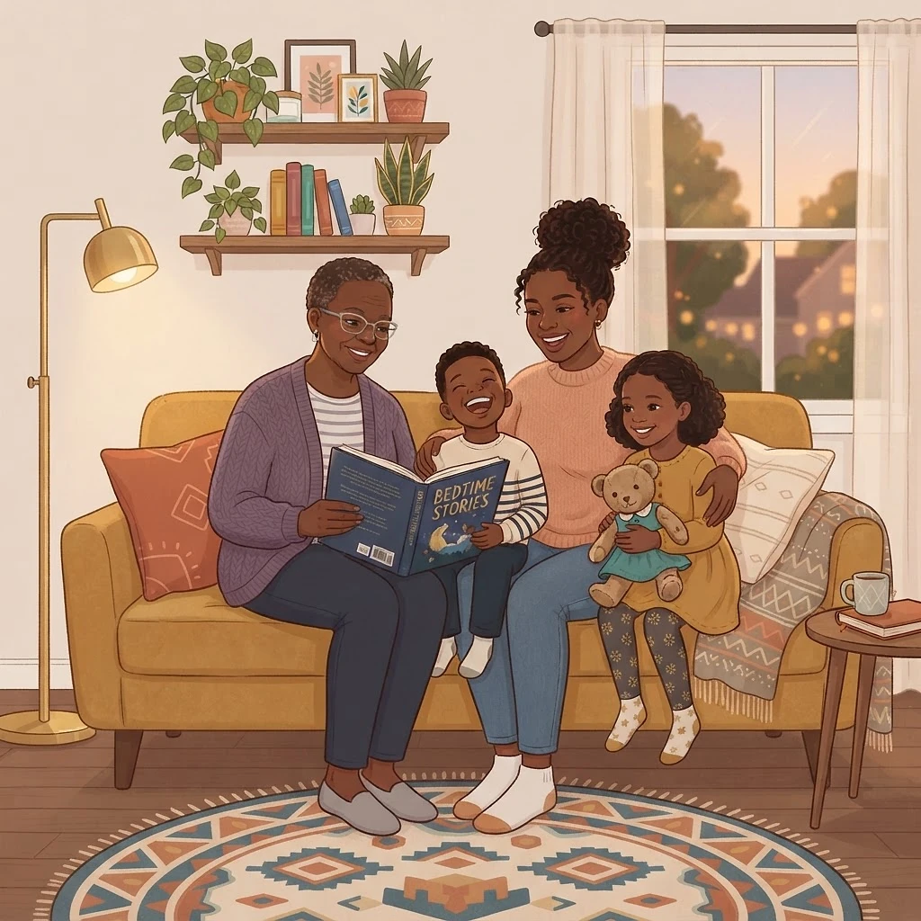 Black mother and grandmother reading with two children on a couch