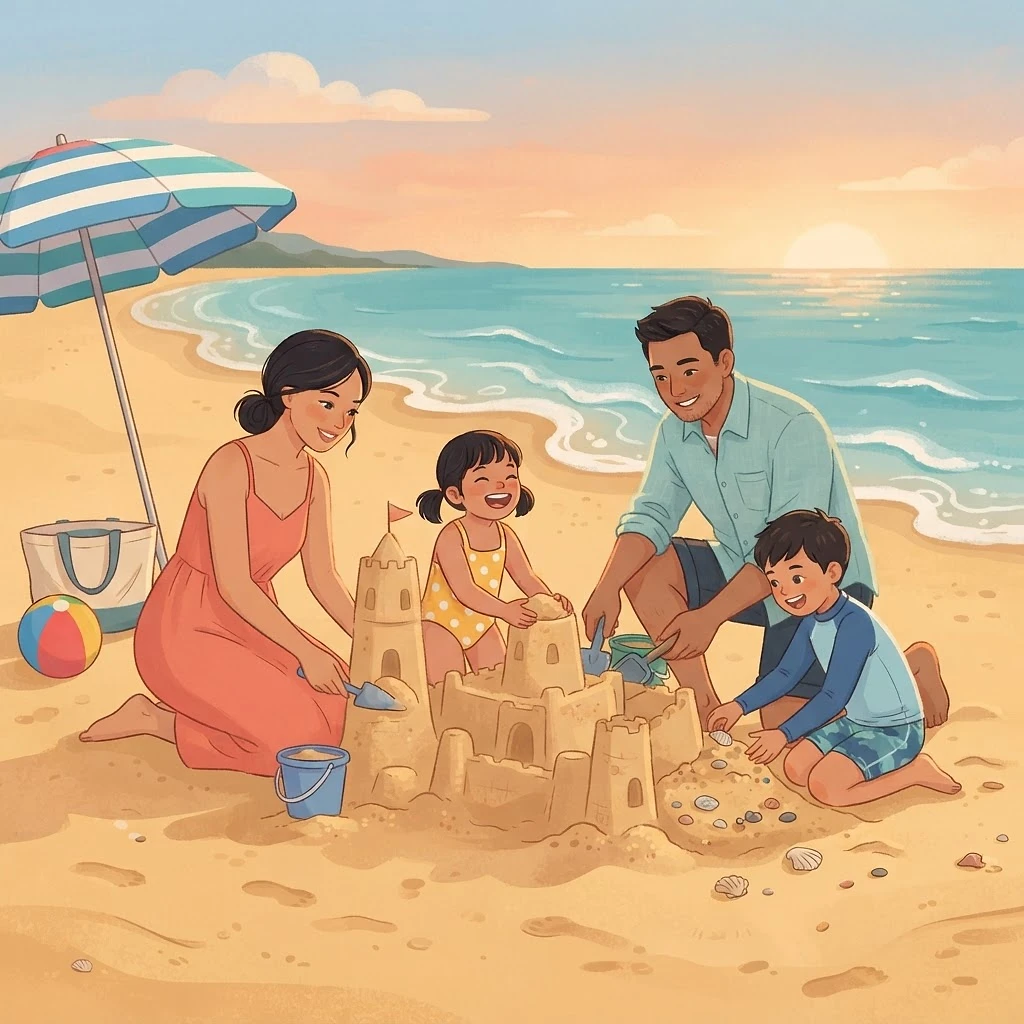 Asian family building a sandcastle at the beach