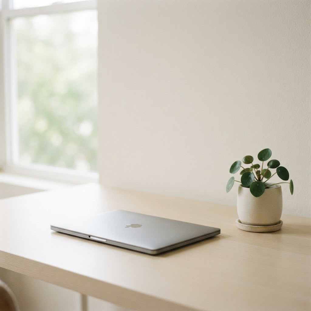 A serene, minimalist workspace — calm commerce in practice.