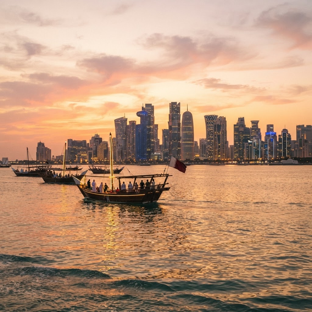 Traditional dhow boats at sunset, West Bay beyond