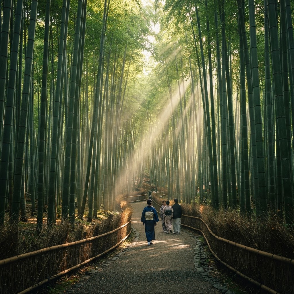 Arashiyama bamboo forest, light filtering through