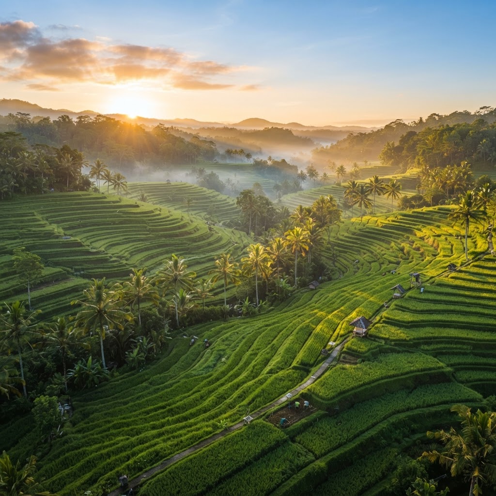 Tegallalang rice terraces at golden sunrise