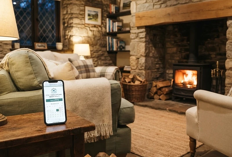 A cosy North Wales holiday property lounge with a phone showing a property website