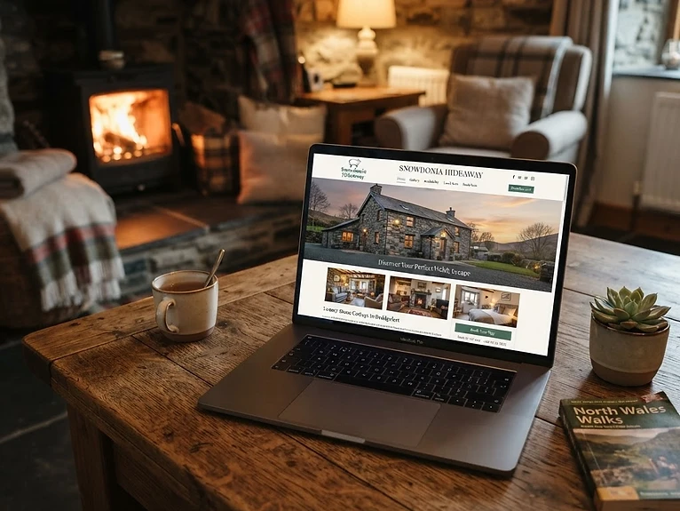 A professional holiday cottage website displayed on a laptop in a cosy North Wales cottage