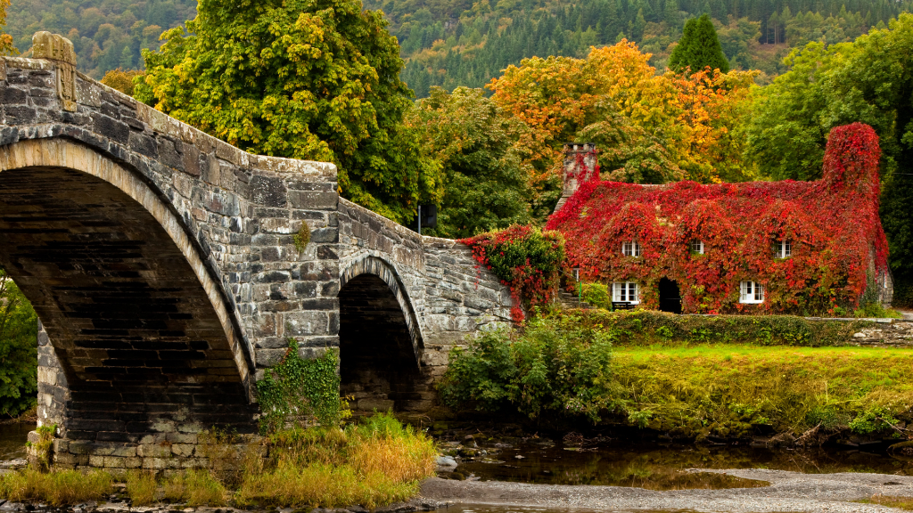 Stone bridge and ivy-covered cottage in North Wales