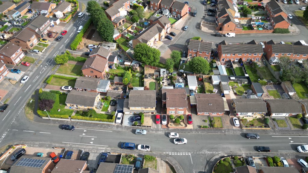 Aerial drone shot of suburban neighbourhood