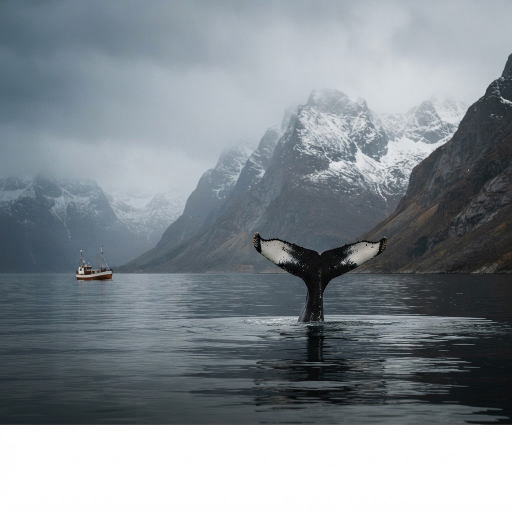 Humpback whale tail rising above a calm Norwegian fjord at a respectful distance