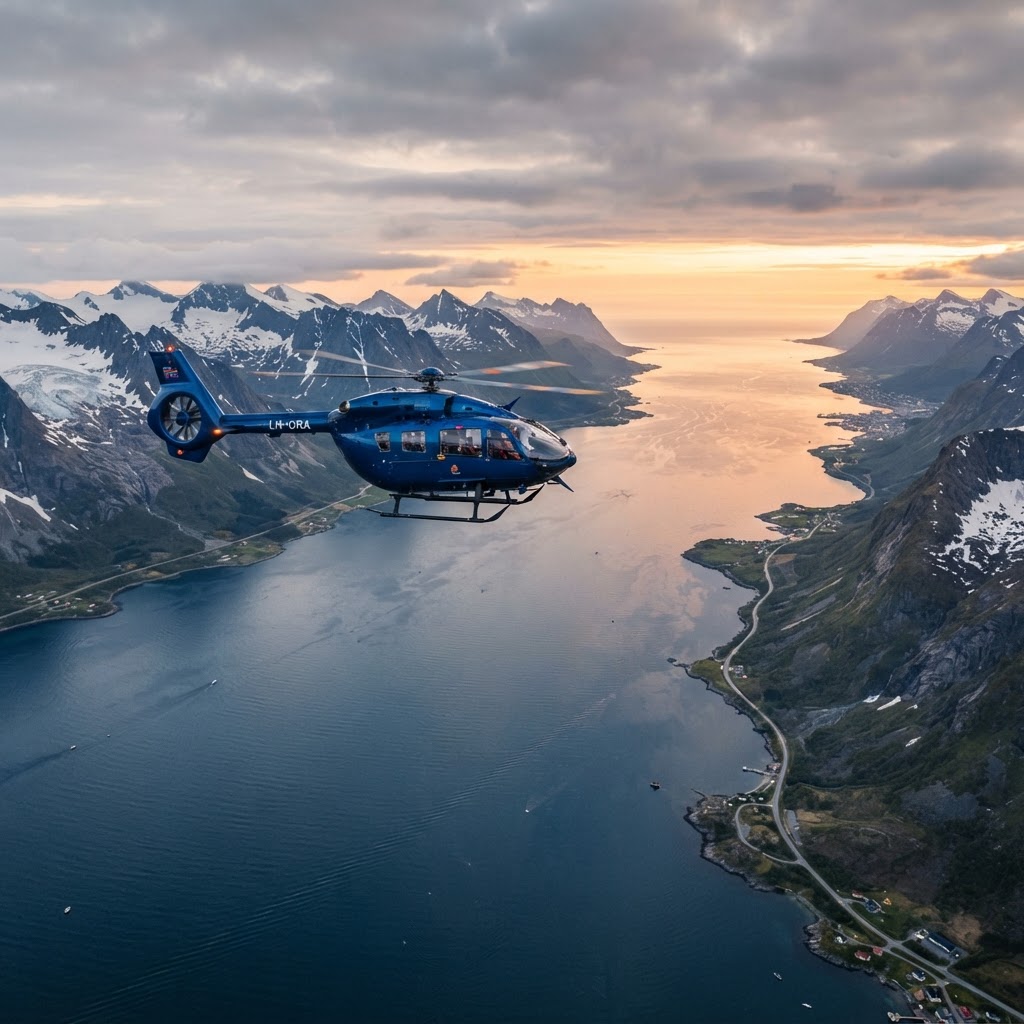 Private helicopter flying over Arctic fjords and coastline near Tromsø