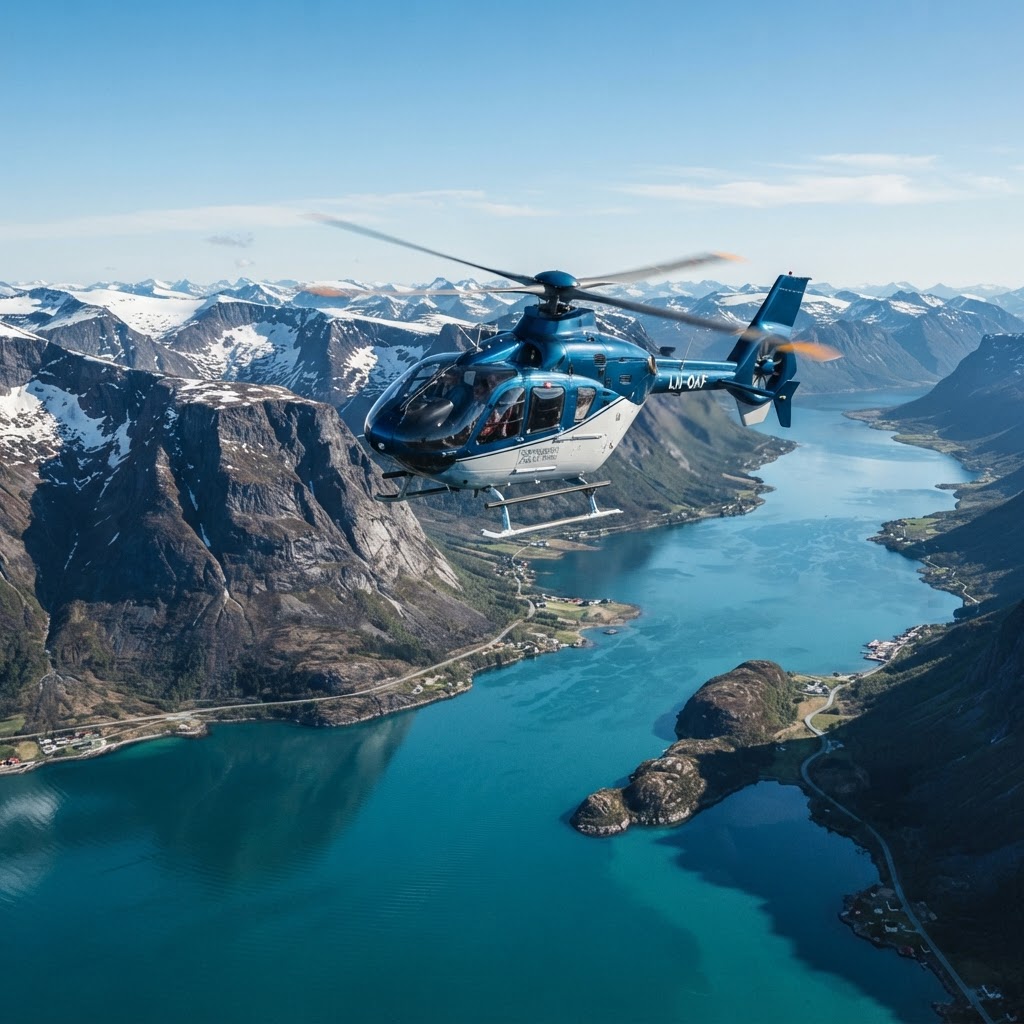 Private helicopter flight over the Arctic landscape near Tromsø