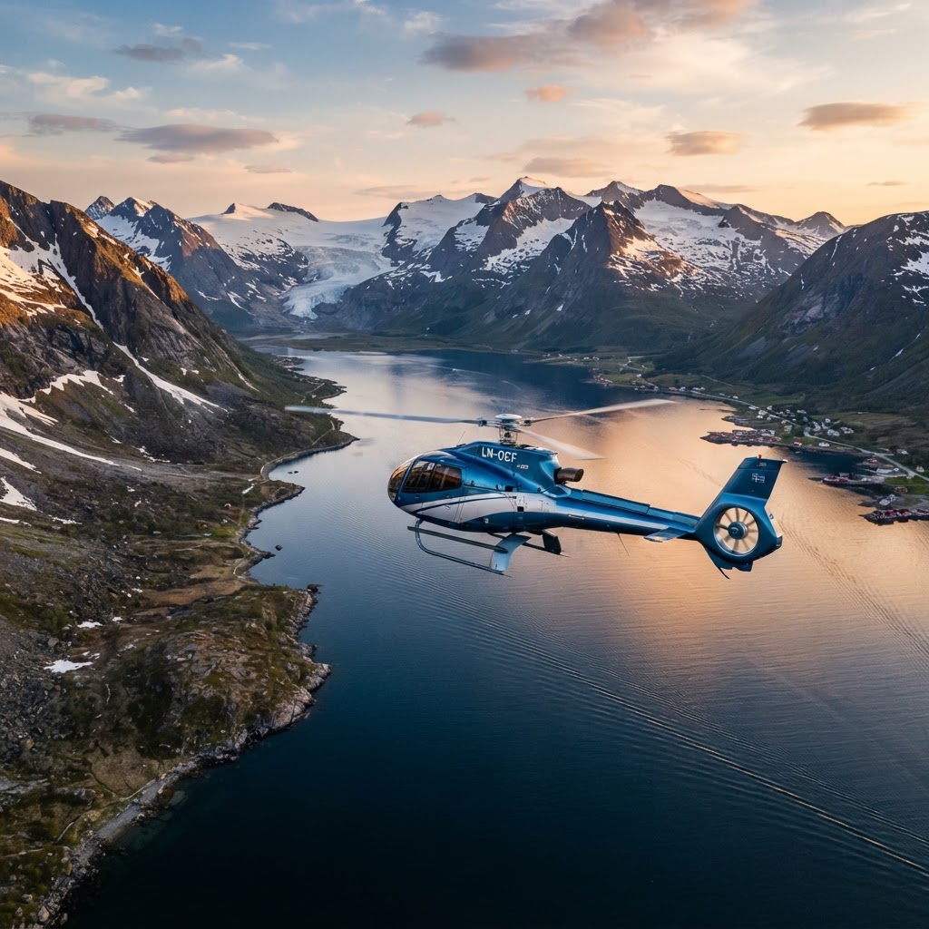 Private helicopter flying over Arctic fjords and mountains near Tromsø