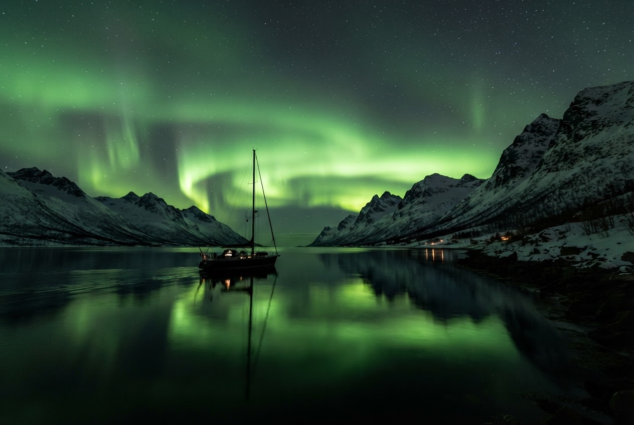 Aurora borealis over a still Arctic fjord