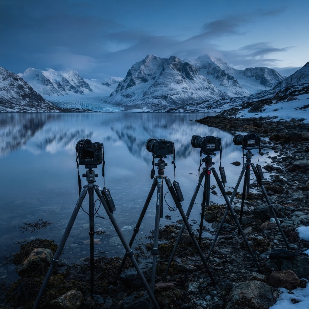 Cameras on tripods on an Arctic shoreline at blue hour