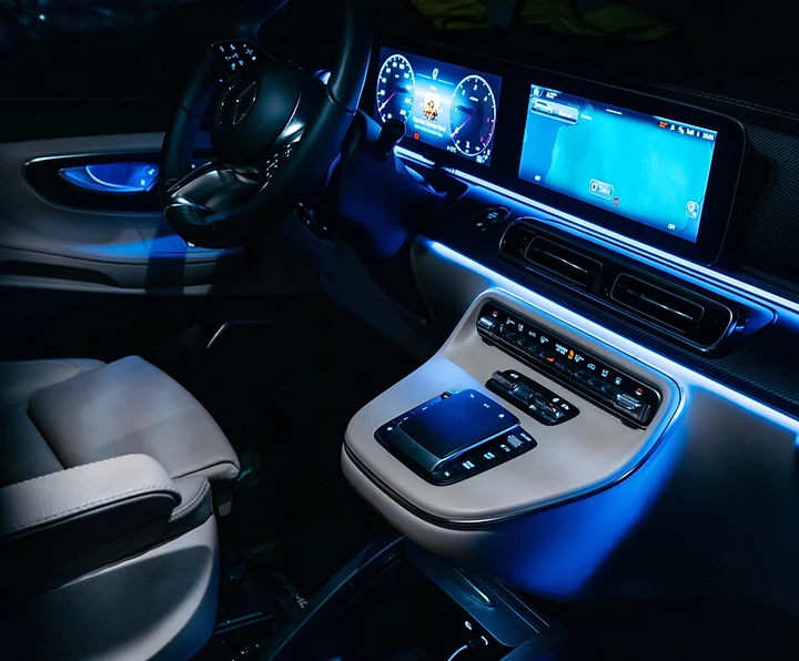 Mercedes-Benz V-Class interior at night — private road journeys beyond Tromsø