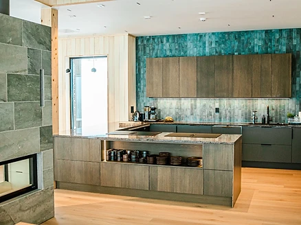 Nordic luxury kitchen with stone fireplace