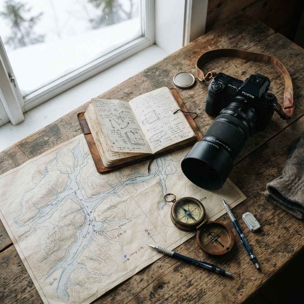 Arctic expedition plan with map, camera and notebook on a wooden table