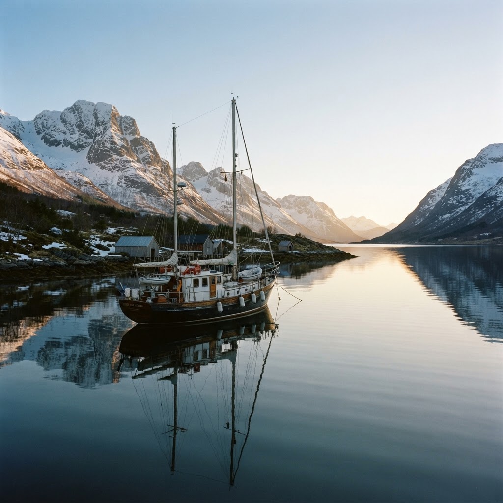 Expedition yacht anchored in a still Norwegian fjord at golden hour