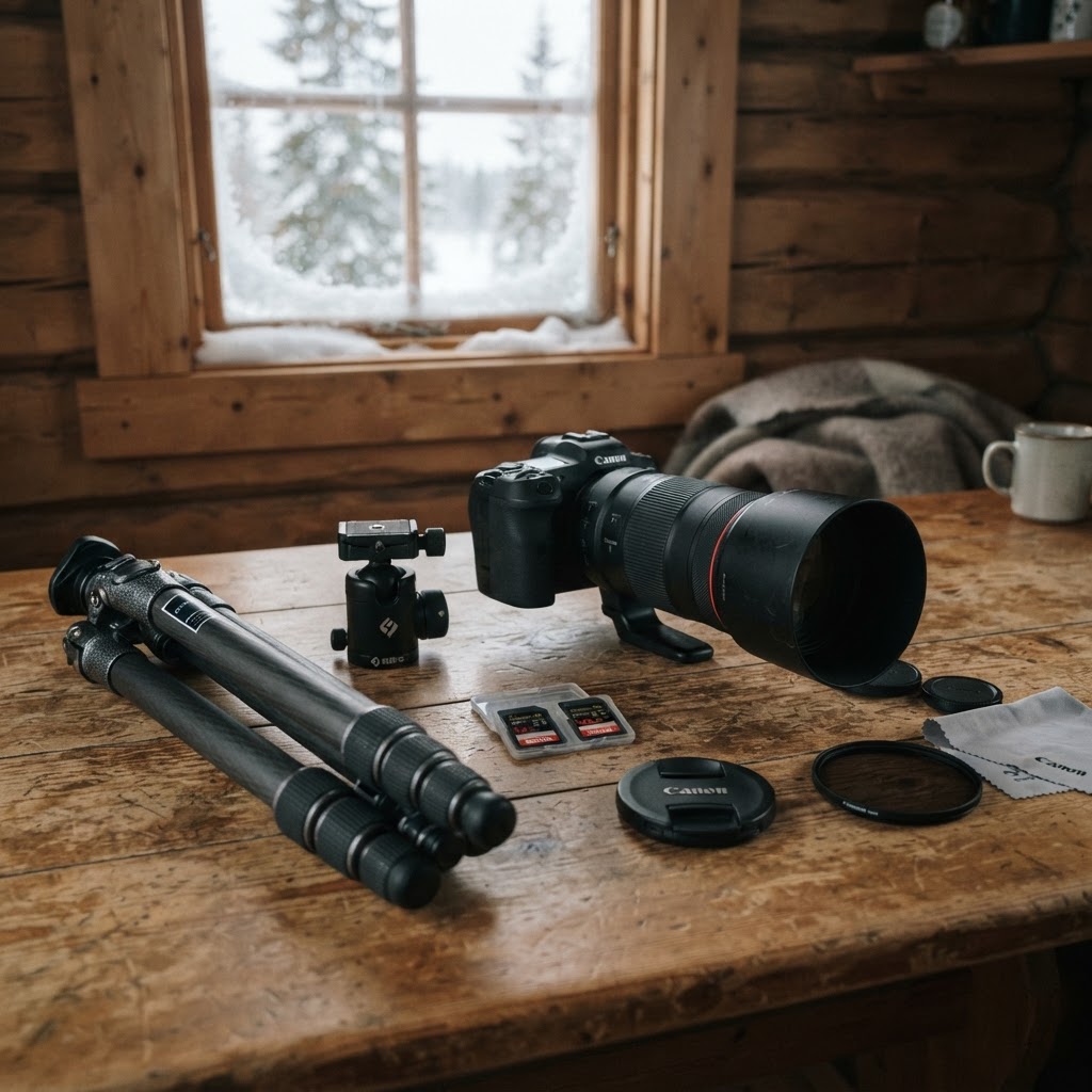 Wildlife photography gear on a wooden surface inside a Nordic cabin