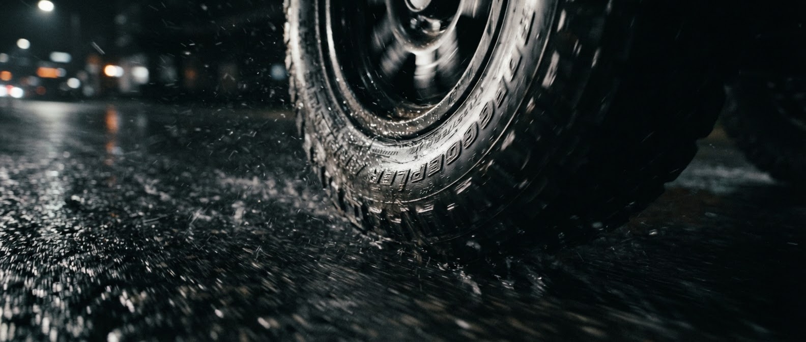 Truck tire on wet asphalt