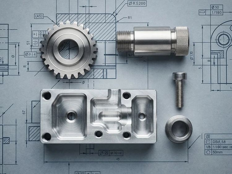 Precision-machined metal components arranged on technical engineering drawings