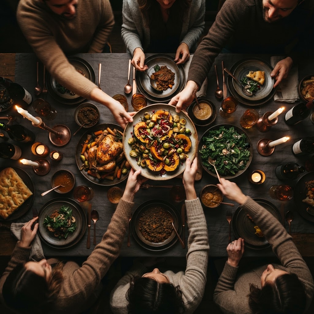 An aerial view of a candle-lit table with food being passed around a shared meal
