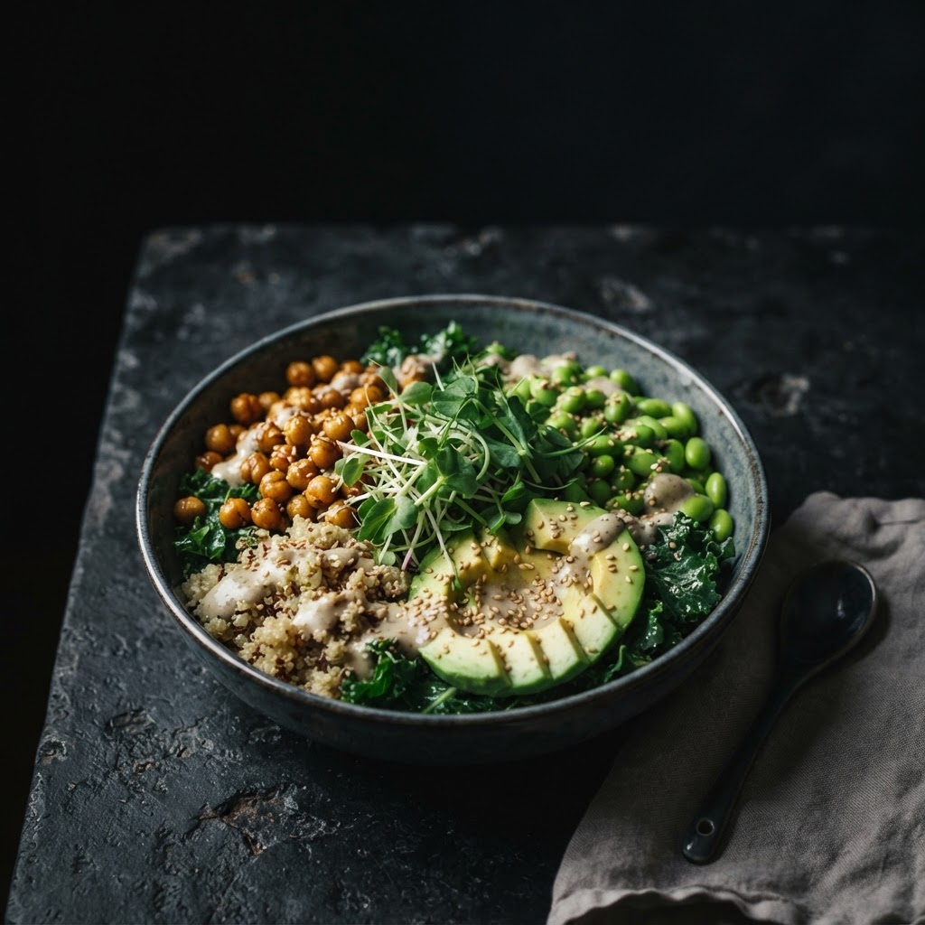 A vibrant green Buddha bowl on a dark stone surface, moody editorial food photography