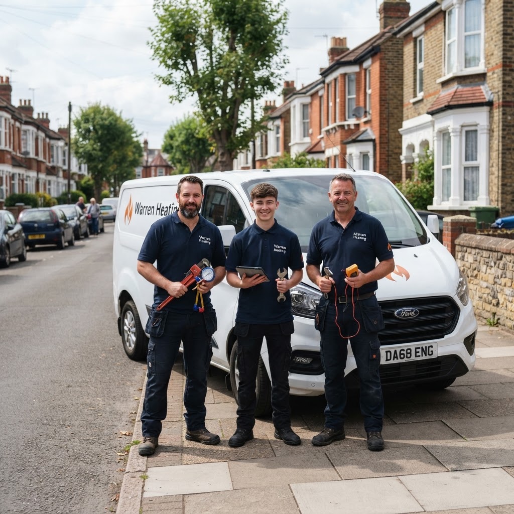 Warren Plumbing & Heating team of engineers with branded vans