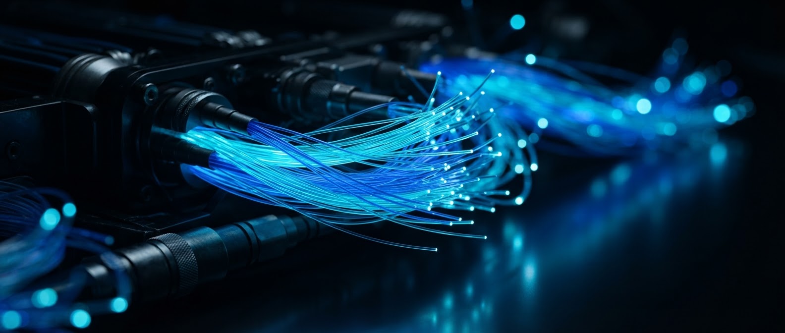 Fiber optic cables glowing with cyan light
