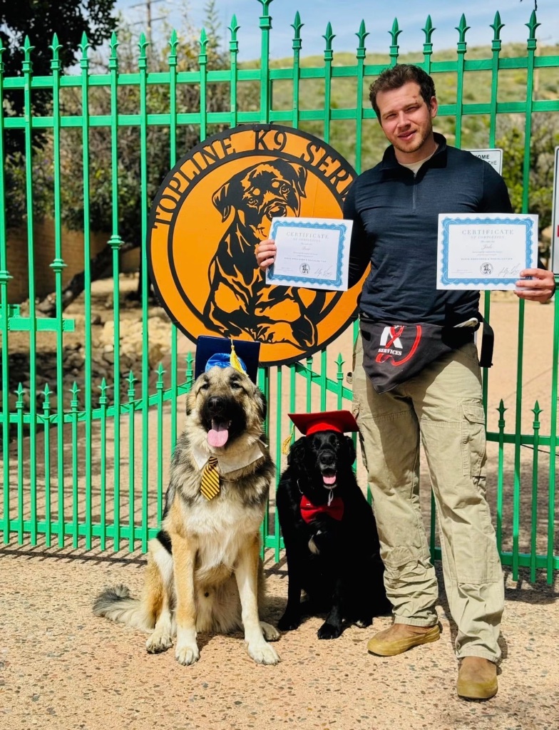 A Topline trainer holding two framed certificates, with two dogs in graduation caps and ties sitting in front of the Topline K9 Services sign.
