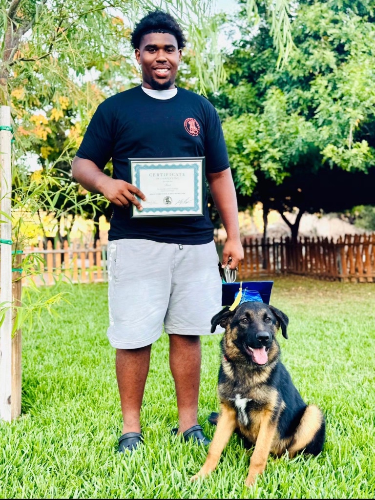 A young man standing with his dog in a blue graduation cap on a green lawn.