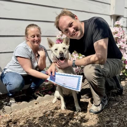 A couple kneeling with their cream-colored dog, holding a certificate of completion.