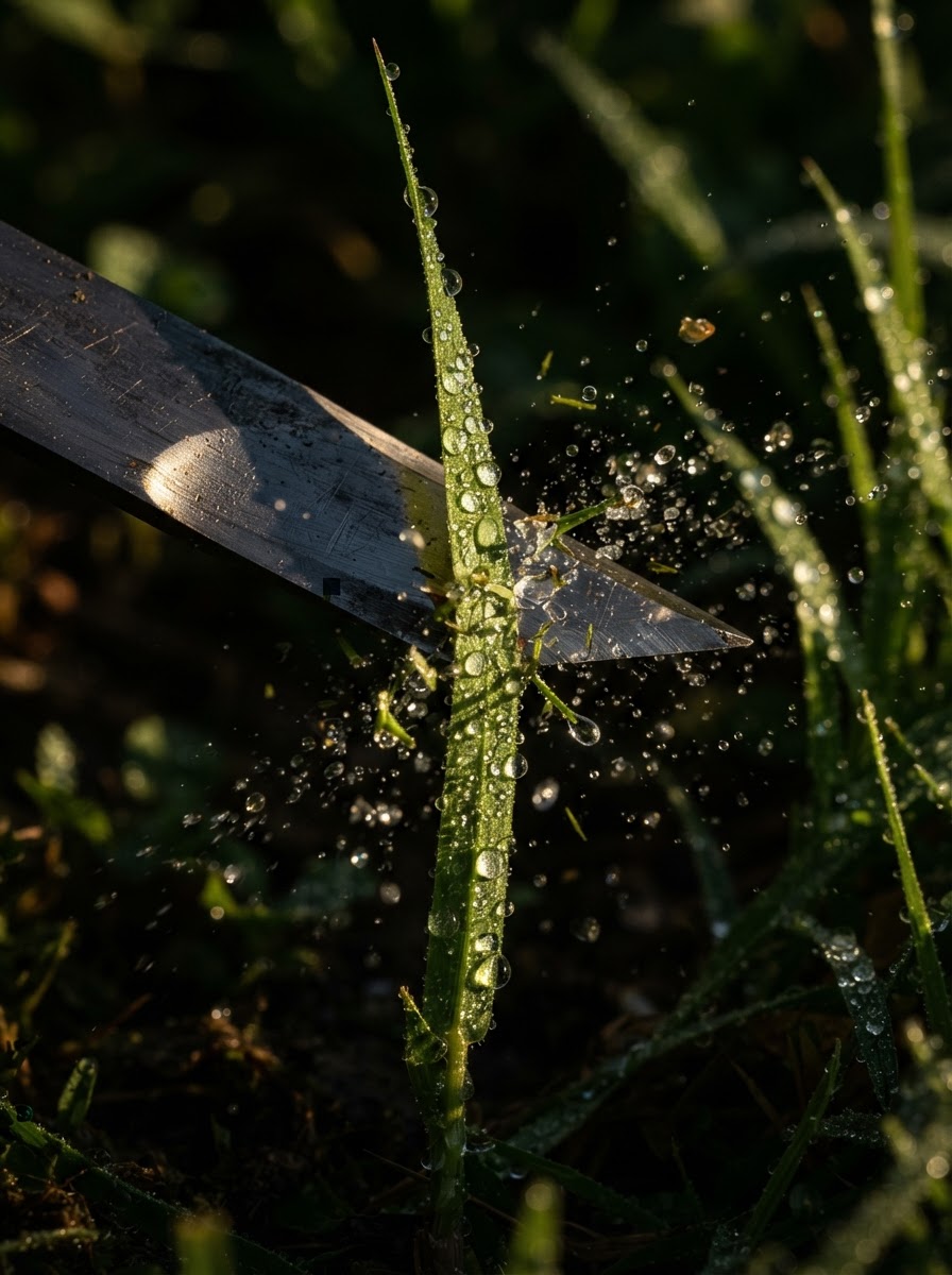 Macro shot of a sharp blade cutting dew-covered grass