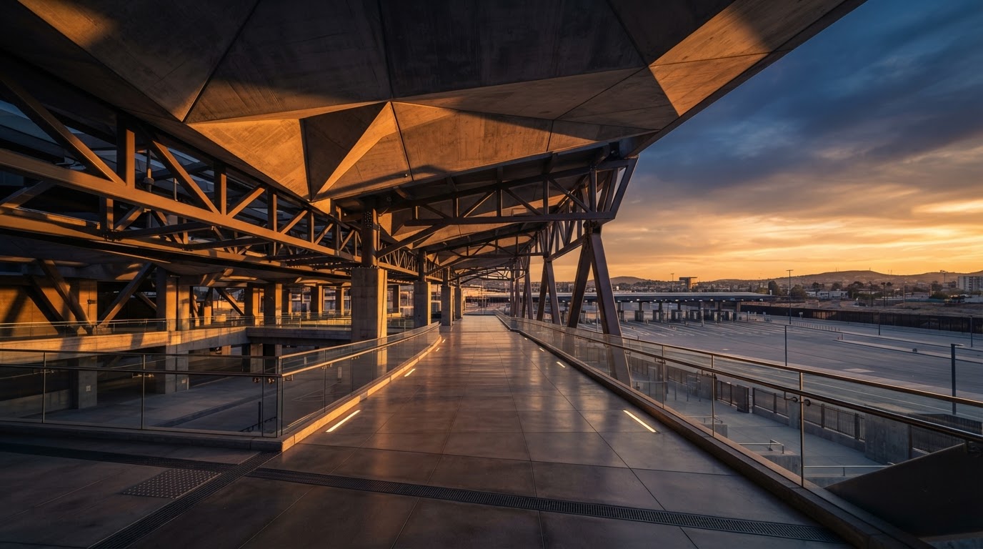 Modern transit hub near the San Ysidro border crossing at golden hour
