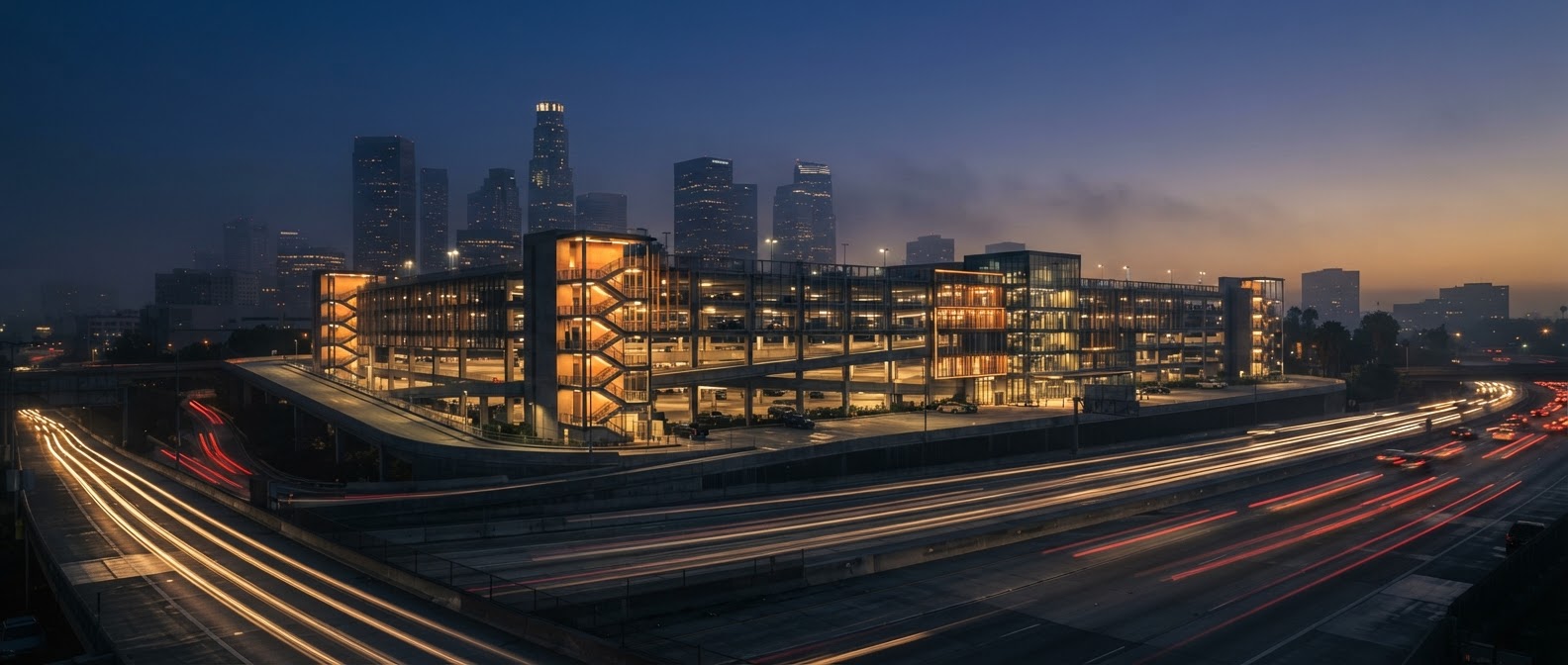 Modern parking structure at dusk in Downtown Los Angeles