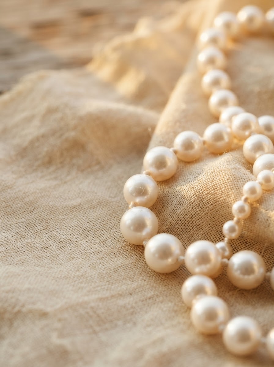 High-luster pearls on antique parchment silk