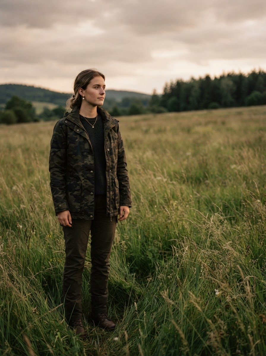 A woman in a tailored field jacket in a high-grass meadow