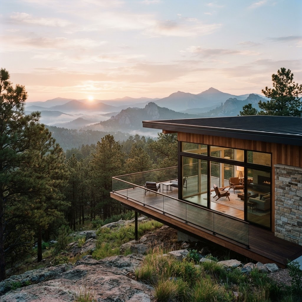 A modern home overlooking the Black Hills of South Dakota at dawn