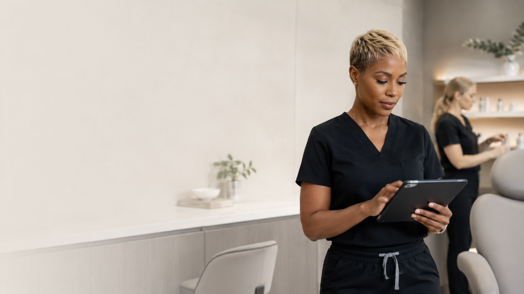 Aesthetic medical provider reviewing a tablet in a modern clinical studio